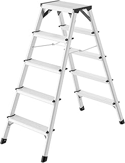 Hailo D60 StandardLine Alu-Doppelstufenleiter - 2x5 Stufen bis 150 kg - Leiter mit Spreizsicherung - Füße mit Soft-Grip-Sohle - mit stabilen Eckversteifungen - Alu Bockleiter rostfrei - Silber