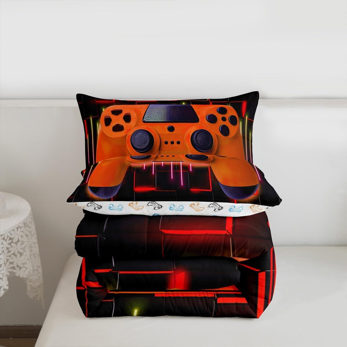 Erosebridal Orange Gaming Full Size Comforter Sets for Boys - Gamer Comforter Boys Full Size Bedding Set, Neon Lights Abstract Geometric Design Gamer Room Decor