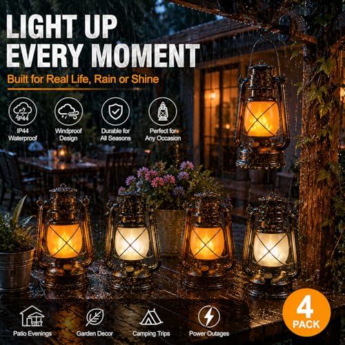 Image of Battery Powered Vintage LED Lanterns 4 Pack with Remote Control, 2 Lighting Modes Flickering Flame Steady Light, Hanging Lanterns for Patio Garden Porch Camping Indoor Outdoor Decor Halloween