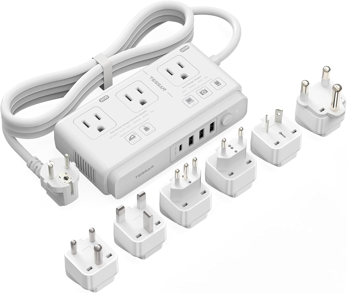 TESSAN 220V to 110V Voltage Converter for Travel with 4 USB Ports (1 USB C), 3 AC Outlet and EU UK AU IT in ZA International Power Adapter, Step Down Transformer Outlet Converters White