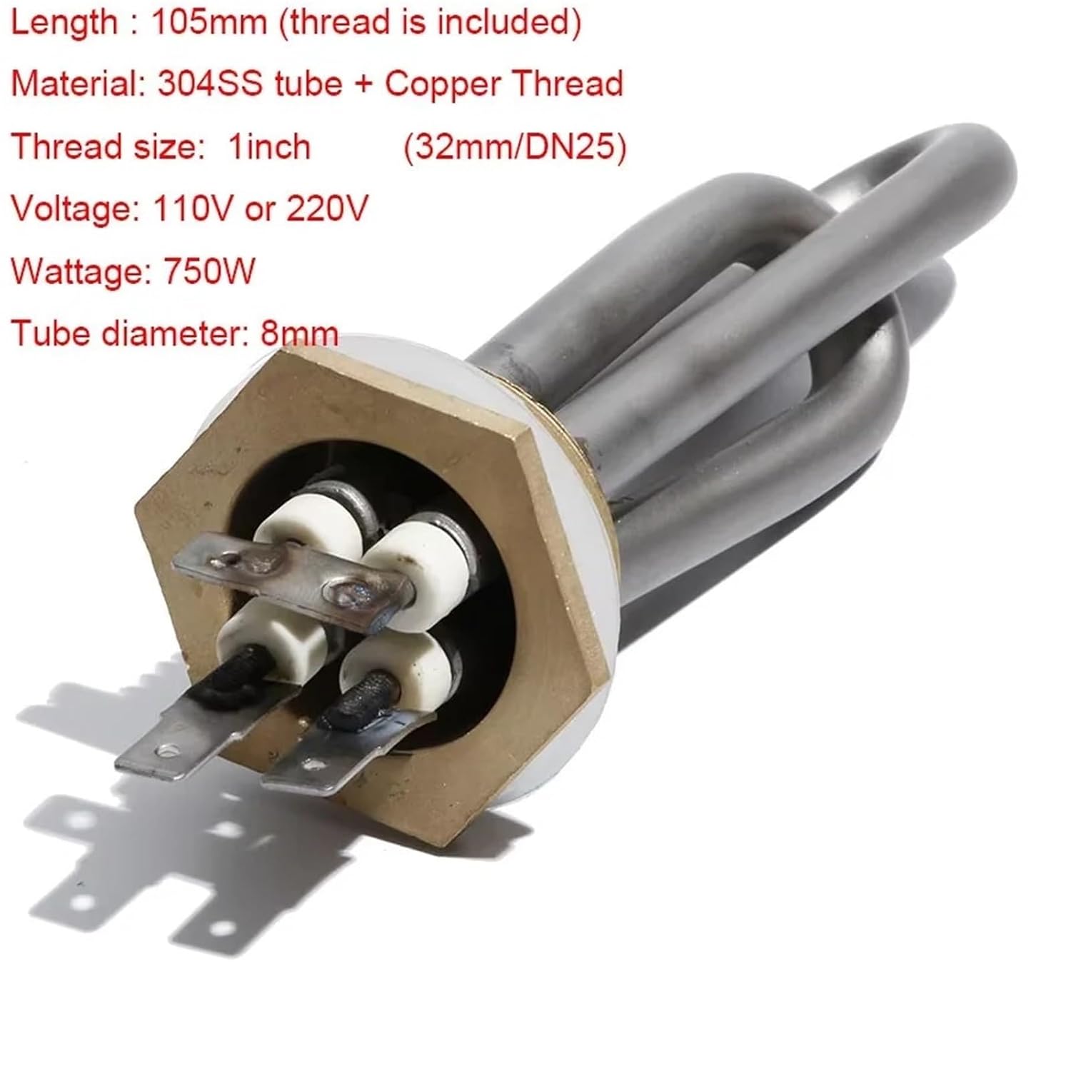 SUS304 1.0 Inch Electric Heater Elements DN25/32mm Heating for Water Drinking Fountain 500W/700W/750W 110V/220V 1Pcs(220V 750W 105L)