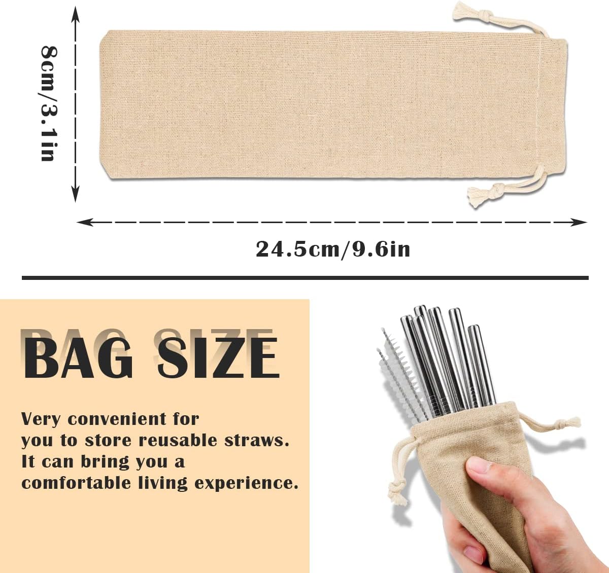 FERCAISH 10 Pcs Portable Travel Cotton and Linen Pouch Bag, Drawstring Straw Storage Bag - Safety and Reusable Storage Box Case for Fork Spoon Straw Cutlery Kit