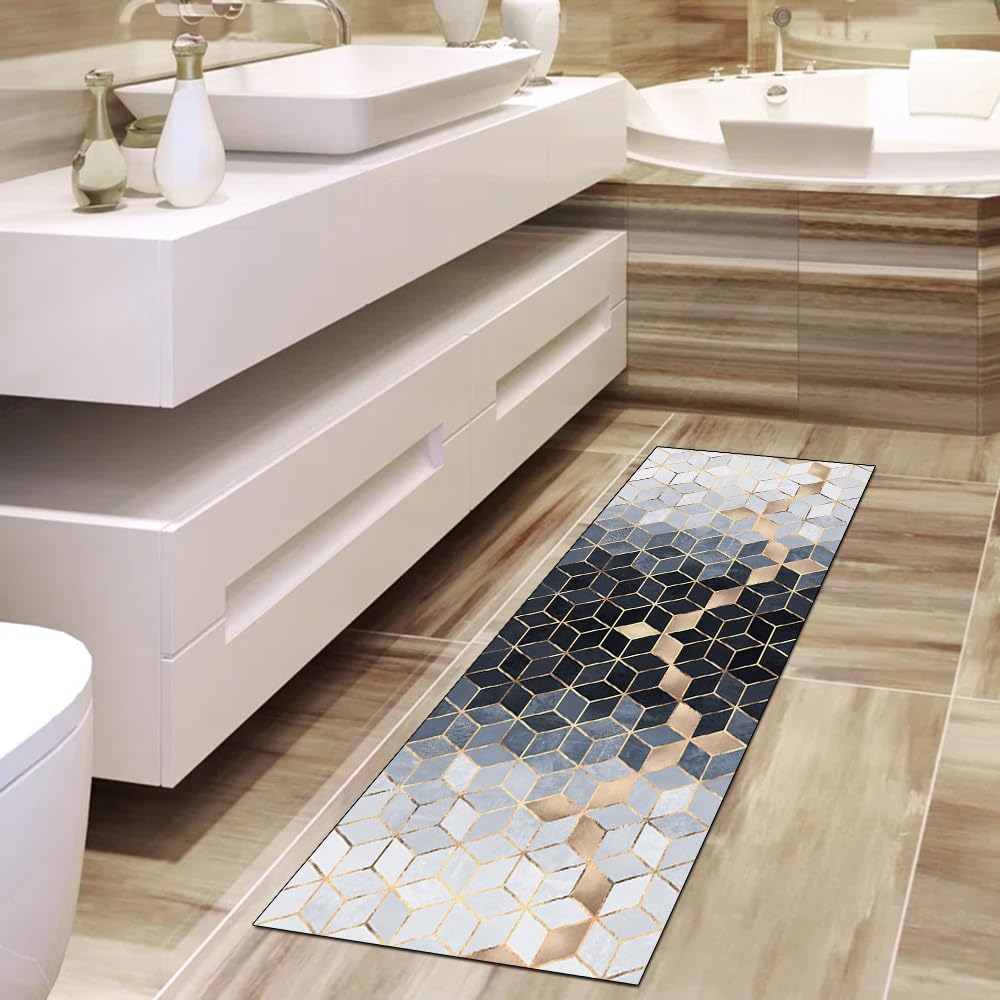 Tapis De Couloir Long Géométrique Gris-Bleu-Blanc 50x140 Cm – Antidérapant, Lavable, Motif Abstrait Moderne Pour Cuisine, Entrée, Salon