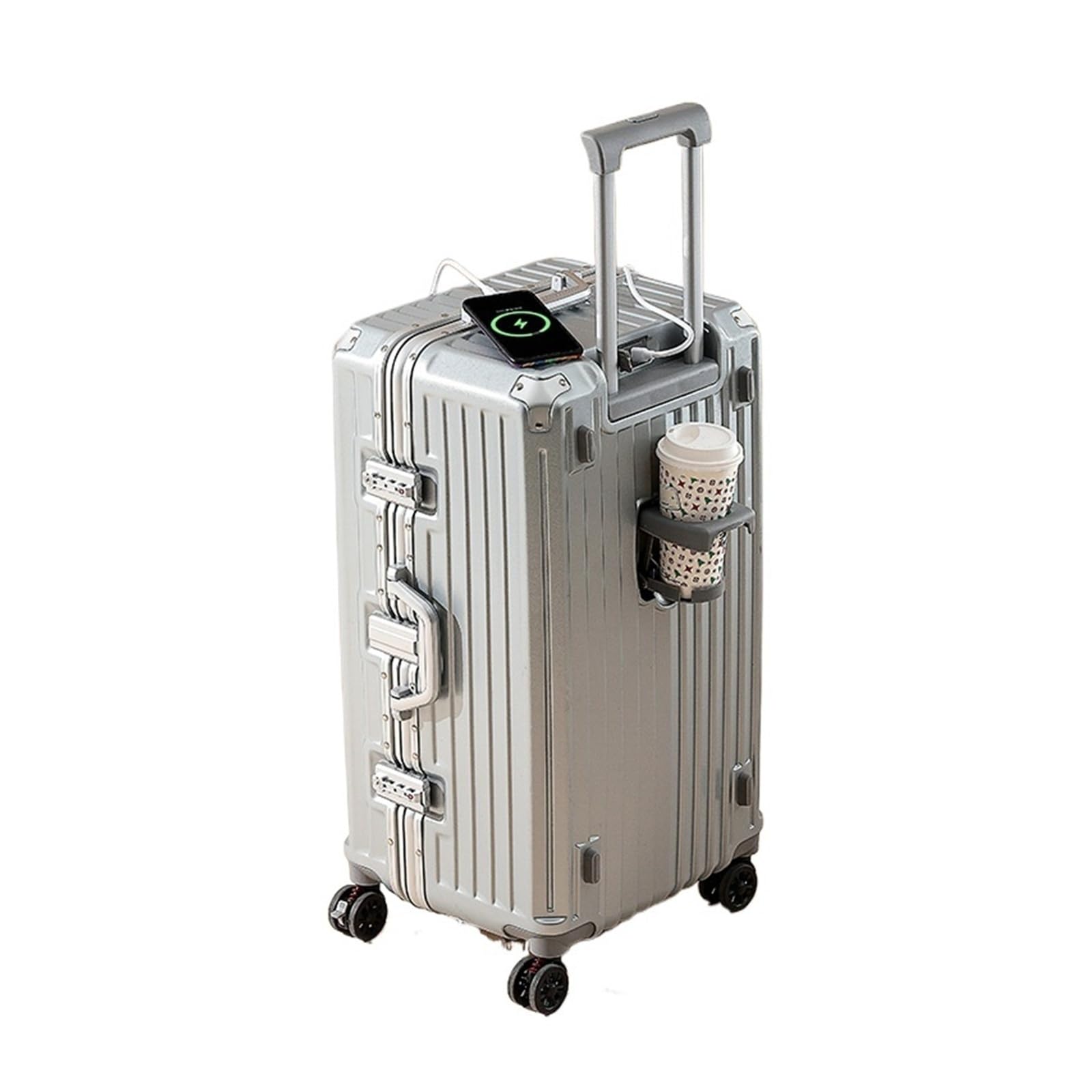 Valigia da viaggio 86,4 cm con telaio in alluminio spesso porta tazza USB, Argento, 24 inch, Classico | Ruota freno trolley grande capacità 61 cm