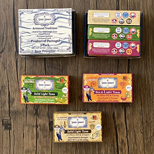 Image of Navigator 3 Flavor Variety Pk Canned Wild Pole & Line Tuna Fillets in Olive Oil (3 Pk, 120g Ea) Turmeric Curry, Basil, Ginger - Hand-Packed Fresh in PORTUGAL - Keto - Paleo - Solid Fillets