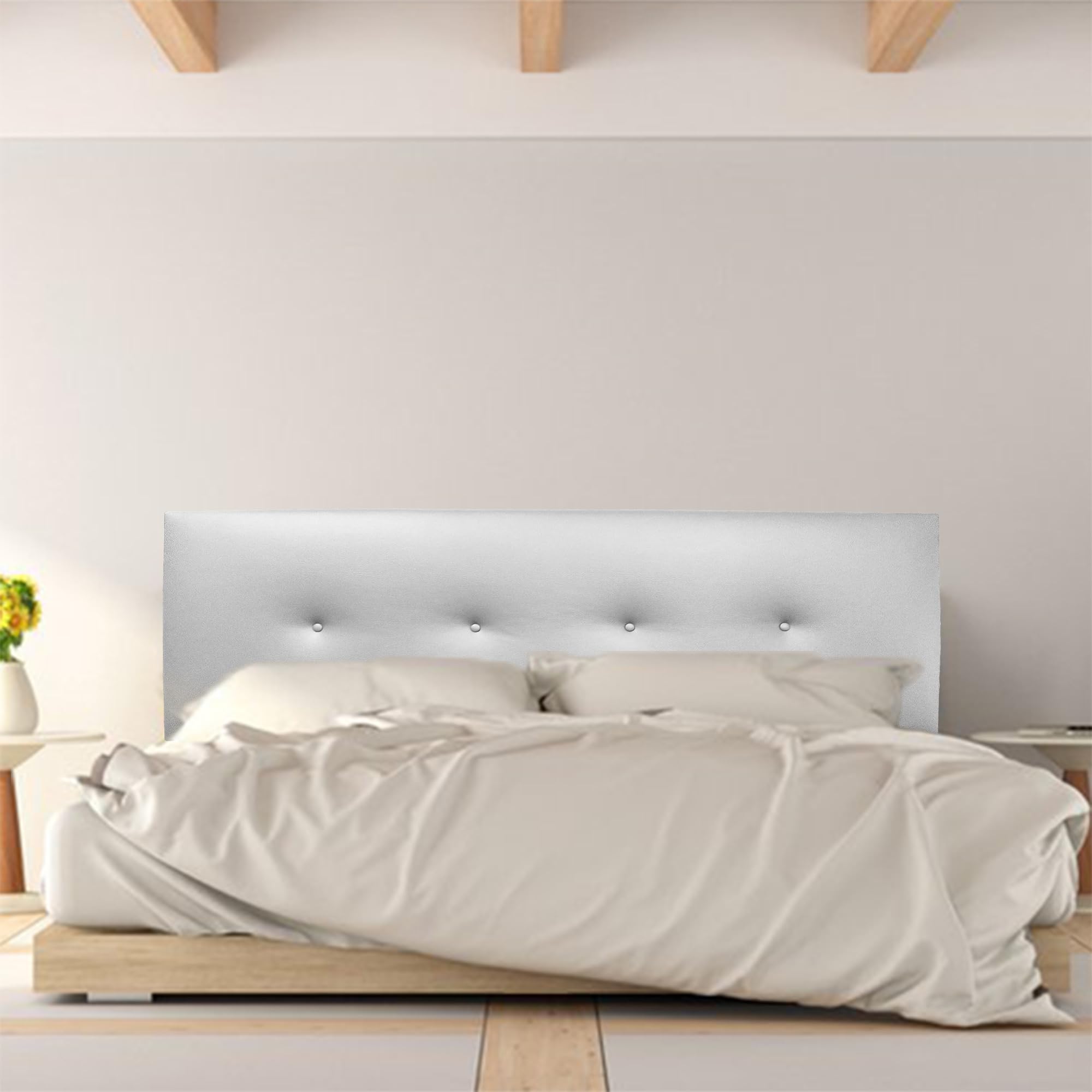 Silcar Home – testiera con rivestimento in ecopelle e fila di bottoni, modello Silvi (bianco, 145 cm) – testiera soffice – testiera imbottita – testiera originale