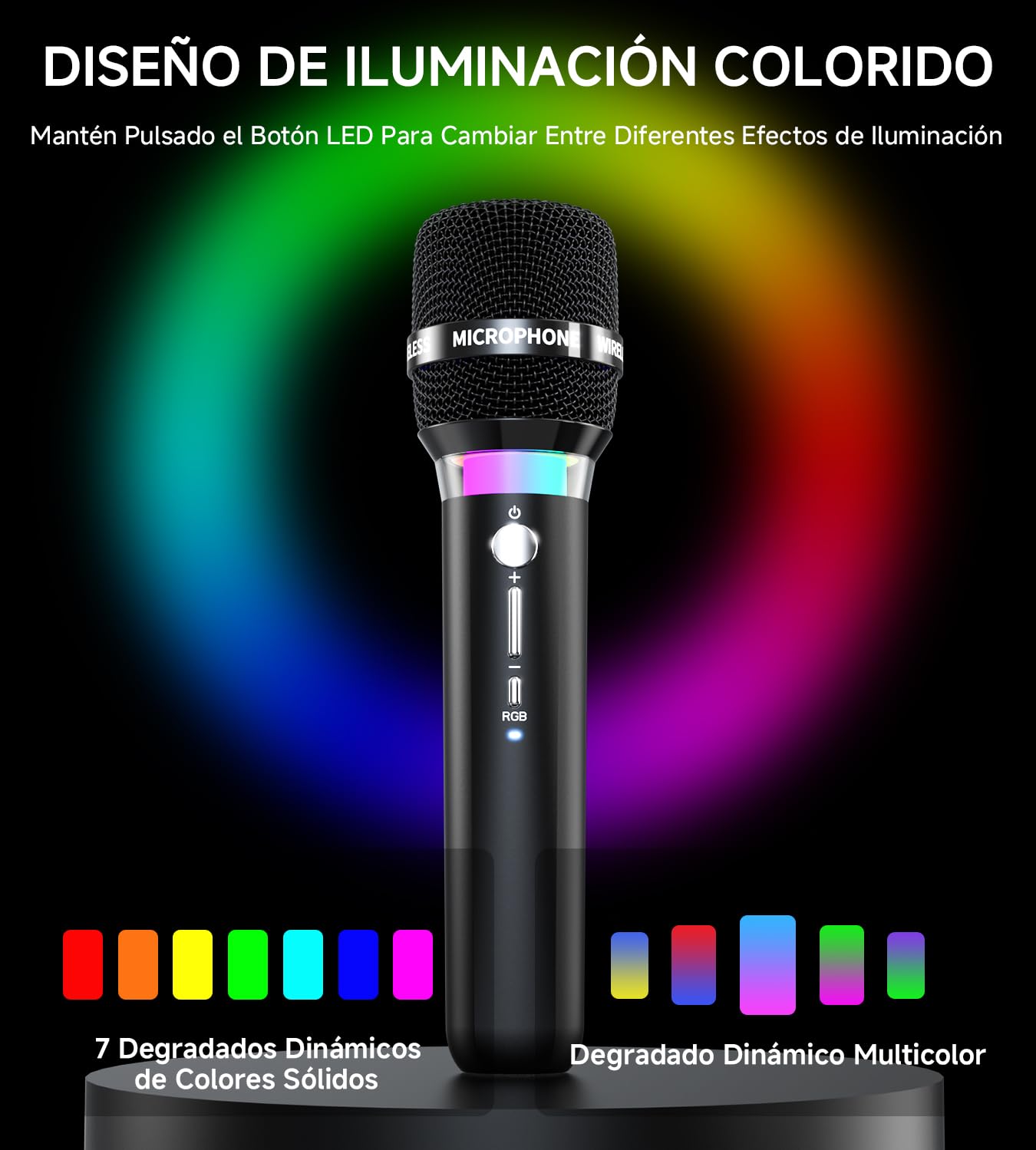 Micrófono Inalámbrico, Micrófonos Duales Inalámbricos Recargables Con Conexión de Chip Uno a Uno y Luces LED, 40h de Duración, Alcance de Recepción de 60m, Micrófono de Karaoke Para Cantar. (Negro)