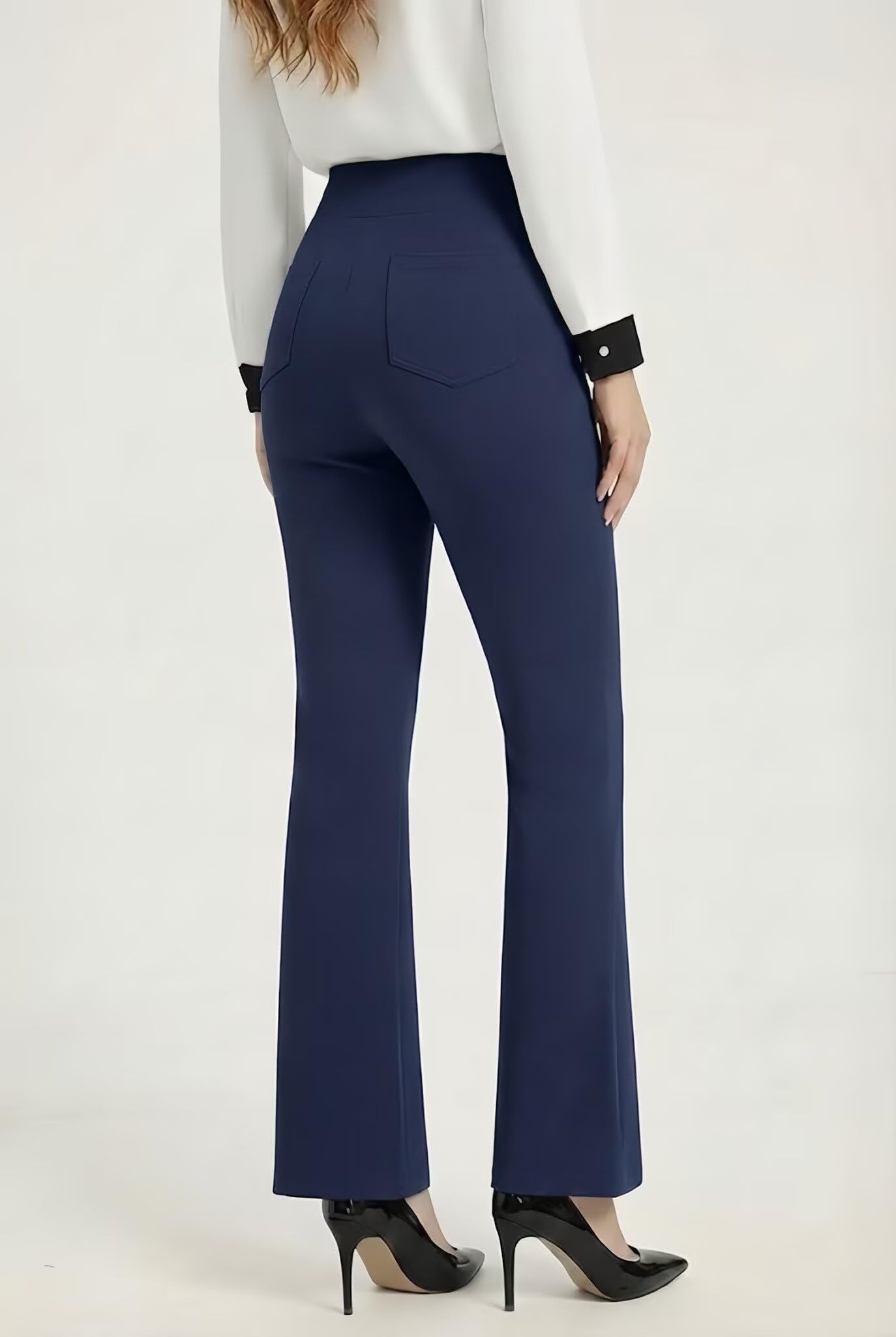 Pantaloni da donna a vita alta, elasticizzati, da lavoro, lavoro, casual, ufficio, 4 tasche, gamba svasata
