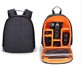 Mochila Profissional para Câmera DSLR, Preta com Interior Laranja, Compartimentos Acolchoados Ajustáveis, Divisórias Removíveis, Espaço para Tripé, I2 ITWO