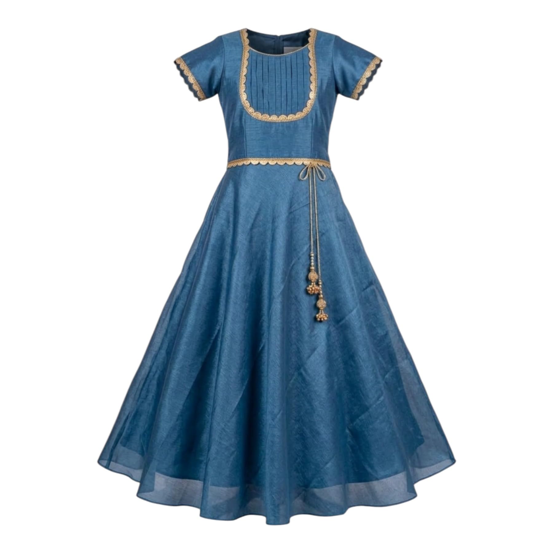 Flared Gown | Stylish Floor Length A-Line Gown with Short Sleeves | Soft Lightweight Fabric Kids Outfit | Princess Style Long Gown for Birthday, Wedding, Festive & Special Occasions Blue-image-45
