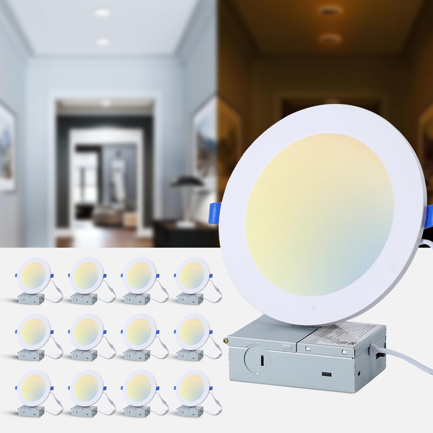 Simple Deluxe 12 Pack 6 Inch 5CCT Recessed Light with Night Light,Canless LED Recessed Lighting 6 inch,2700K-5000K Selectable,12W=130W,1080LM Dimmable Recessed Ceiling Wafer Light,ETL Certificated