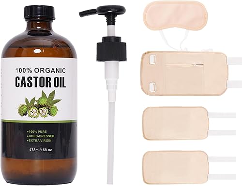 Aceite de ricino orgánico prensado en frío sin refinar (16 oz/16.0 fl oz), kit de aceite de ricino con envoltura de algodón orgánico para cintura,