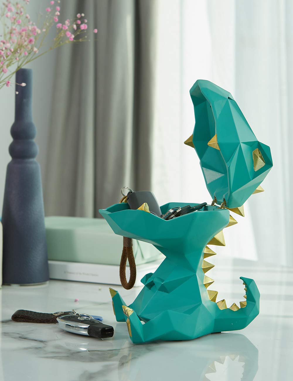 HAUCOZE Cuenco de Dulces Dinosaurio Jarra de Galletas Escultura Decorativa Moderna Arte Hogar Regalo para Familiares Amigos Amantes Verde 18cm