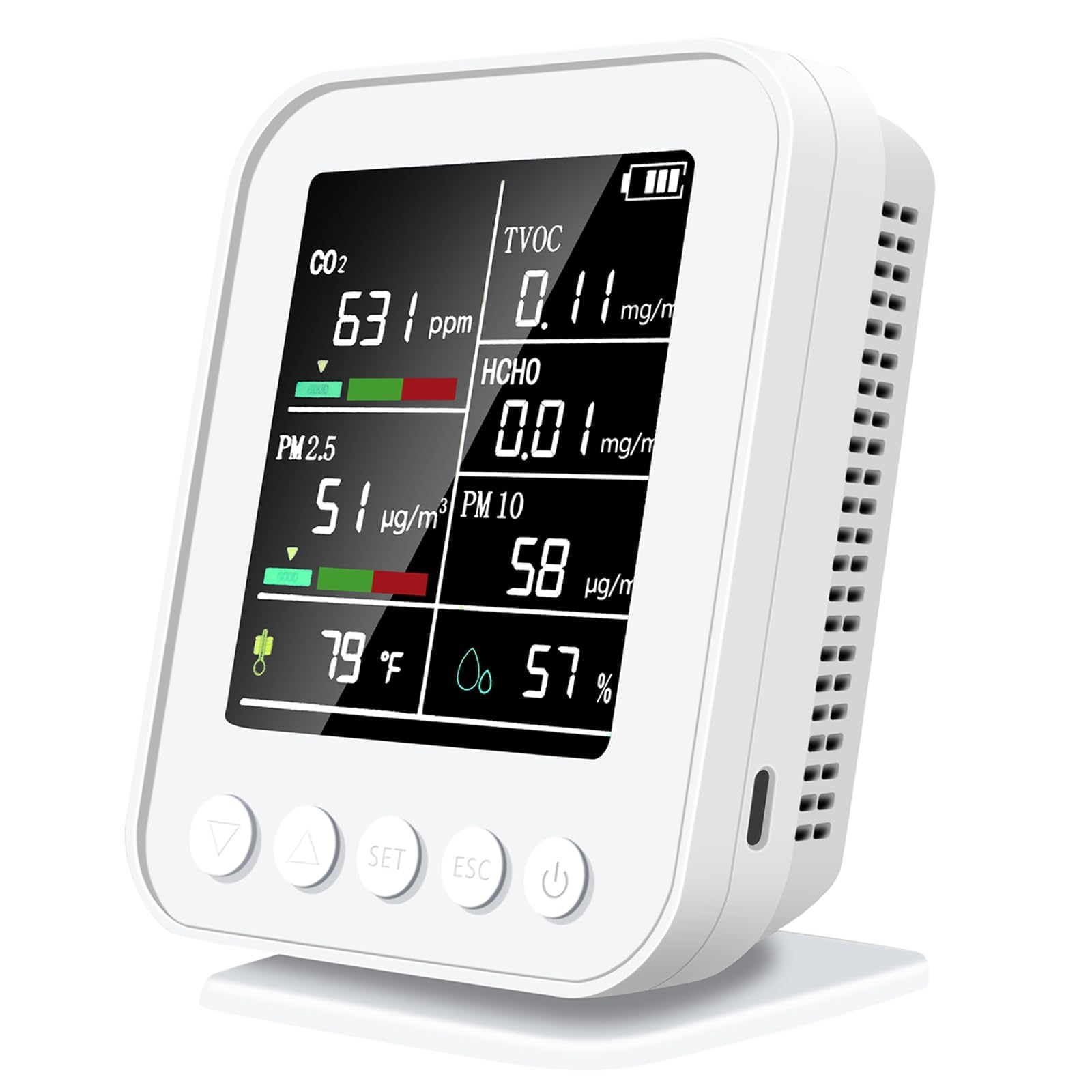 7-in-1 Air Quality Monitor for Indoor Use – Detects PM2.5 & CO2, Real-Time Alerts with LED Display, 2-Second Data Refresh, 2-Year Storage, Ideal for Health Monitoring in Home & Office