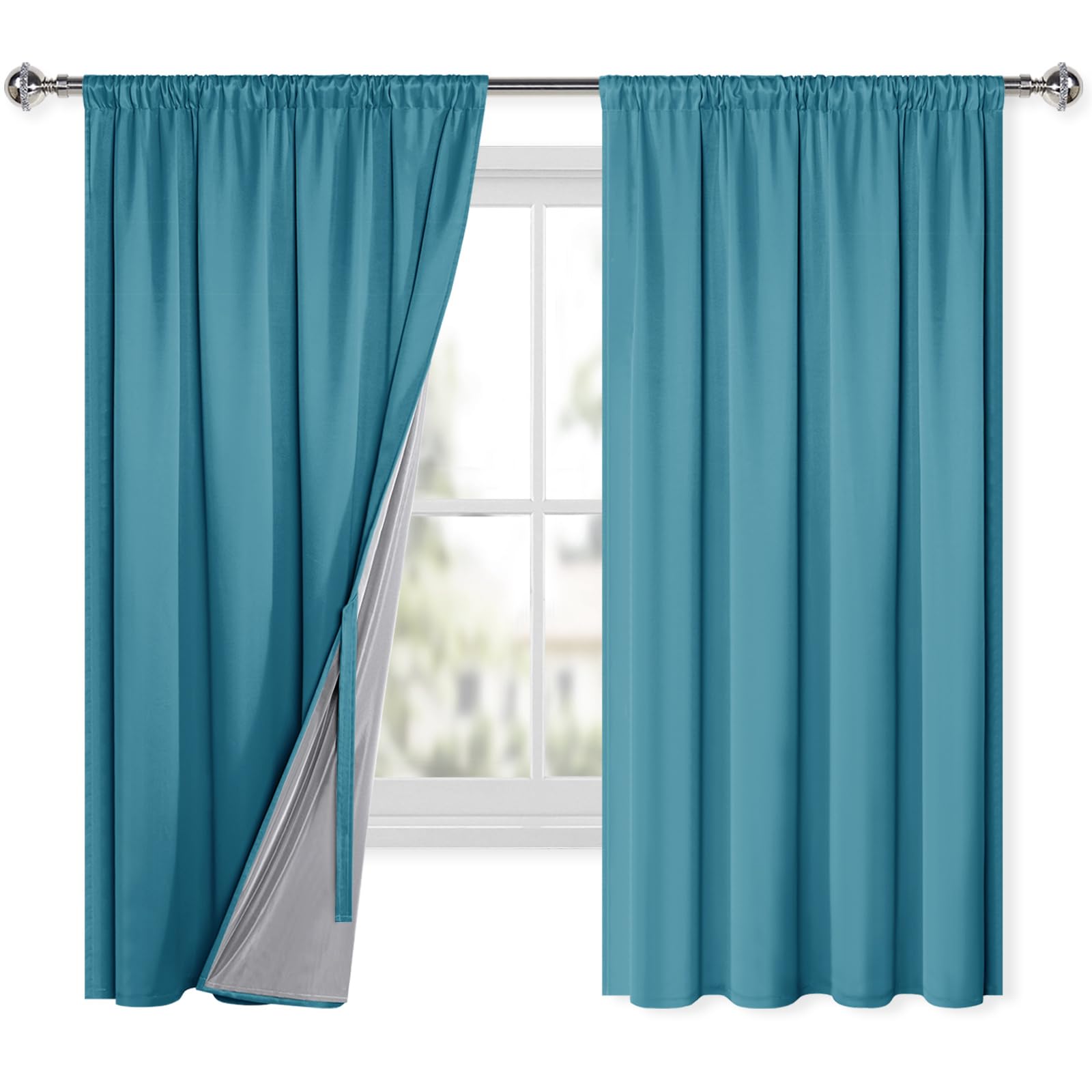 XWZO Lot de 2 rideaux 100 % opaques avec galon fronceur, double couche, occultants, thermiques, protection contre le froid, 175 x 140 cm (H x l) Bleu sarcelle