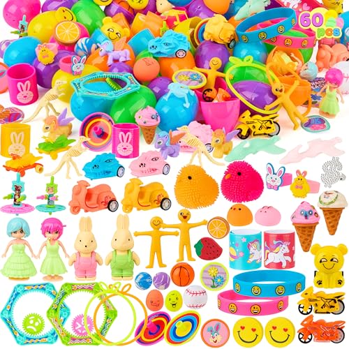 Lot de 60 œufs de Pâques pré-remplis avec autocollants, 6 cm, couleurs vives, pour panier de Pâques, fête de Pâques, chasse aux œufs de Pâques,...
