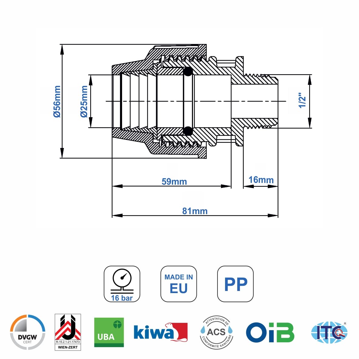Connettore a compressione MDPE PP 25 mm x 1/2" maschio – Connettori per tubo dell’aqua a Raccordo PP PN16 - Raccordi per Tubi PE80, PE100 – 2 pezzi - SmartProduct