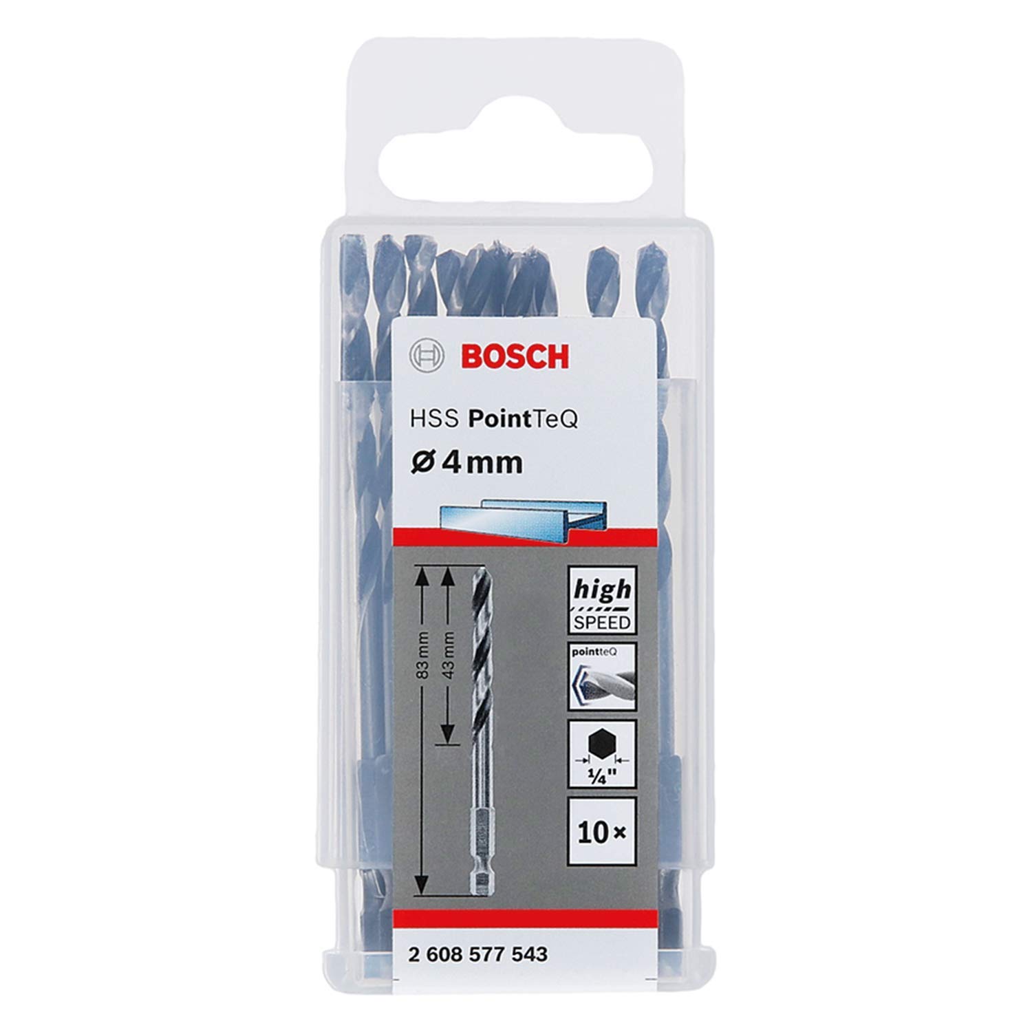 Bosch Professional 10 Stück PointTeQ Sechskantbohrer (für Metall, Ø: 4 mm, Arbeitslänge: 43 mm, Gesamtlänge: 83 mm, ¼"-Sechskantschaft, Zubehör für Schlagschrauber und Bohrschrauber)