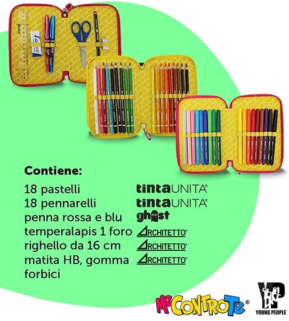 Me Contro Te Estuche de 3 cremalleras completo de color amarillo y rosa para él y para ella