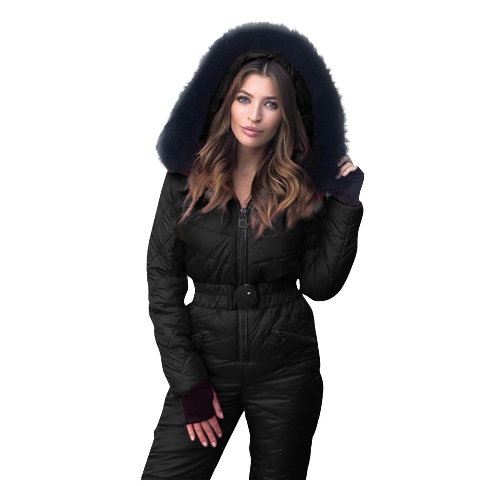 YAOJIWANG Combinaison de Ski pour Femme Une Pièce Combinaison Thermique Coupe-Vent Tenue Chic et Élégant Sweat avec Capuche Poches Vêtements de Extérieur pour Snowboard Ski Randonnée Sports