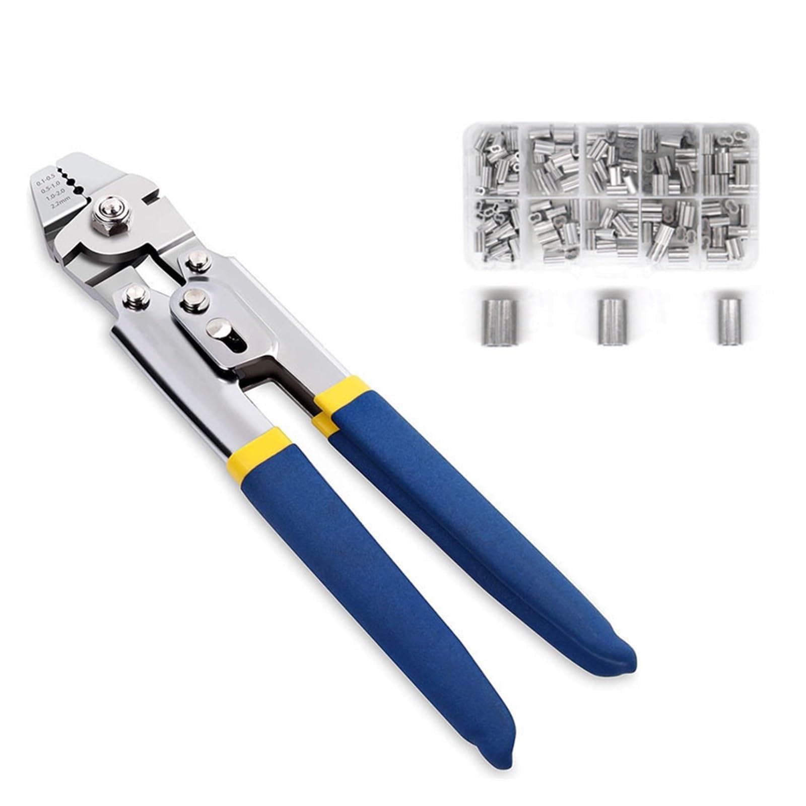 Qxbfndc 1 Set Crimping Tool Wire Rope Crimping Swaging Tool Cable Crimps Up To 2.2Mm(2/32Inch) With 160Pcs 4Sizes Aluminum Double Barrel Ferrule Loop Sleeve(1 Set)