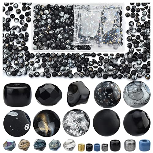 Glass Beads for Jewelry Making Adults Black Bracelet Beads Set 900pcs Including 8mm Assorted Round Beads 4mm Bicone Crystal Beads 2-4mm Spacer Seed Beads for Phone Charm Earring Necklace