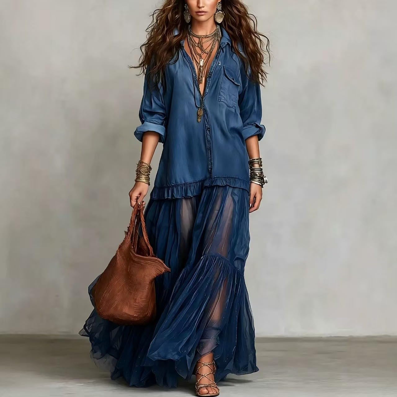 Vestido vaquero para mujer, vestido largo de camisa de verano, manga larga, vestido vaquero con volantes, ropa para niña, informal, vestido informal, vestido de tirantes monocromáticos