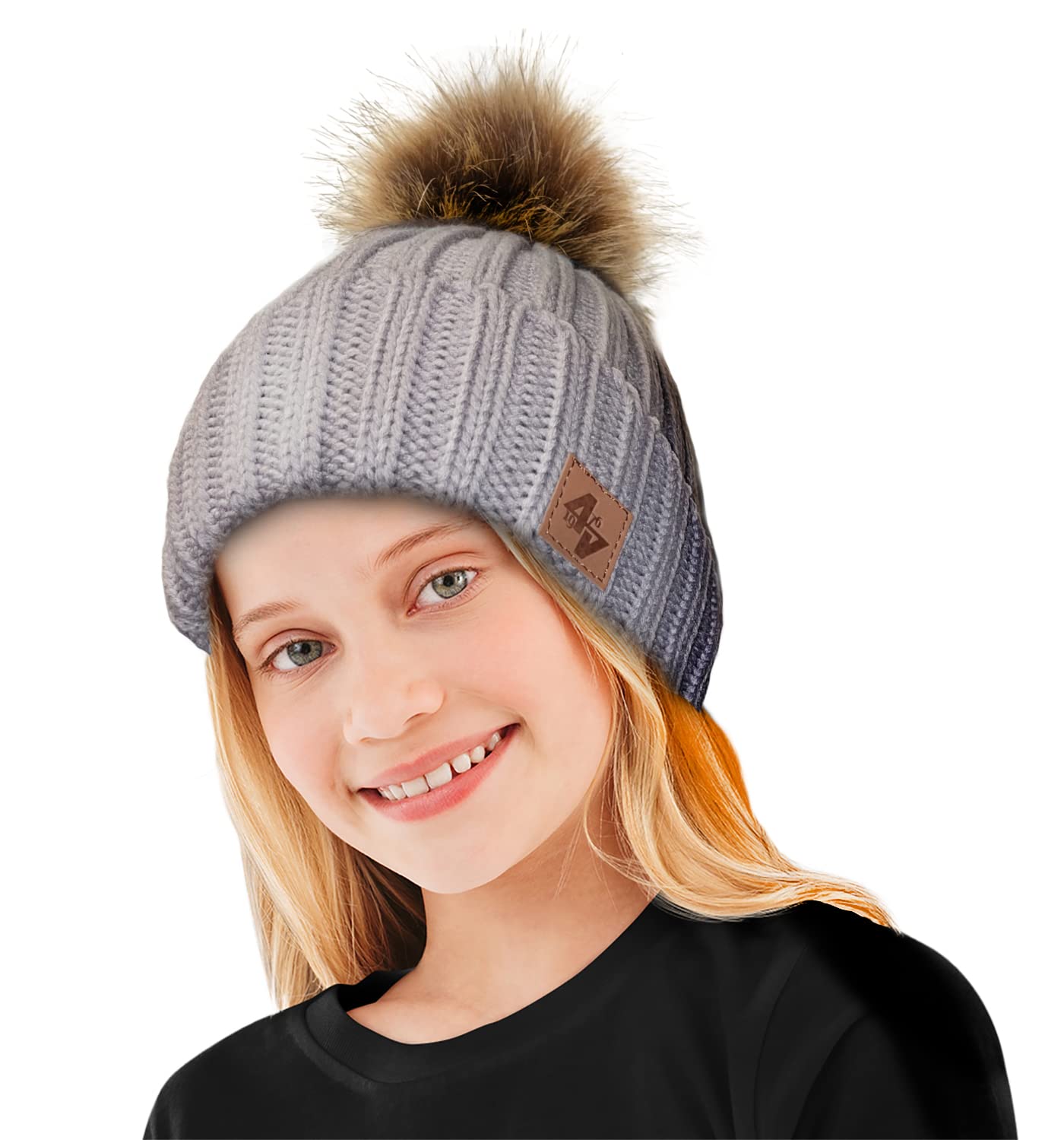 4Sold Unisex Kids Lines Grey Brown Bobble Hat Plain Kids Beanie Warm Winter Pom Wooly Cap Corkscrew Cable Knitted - Grey Brown
