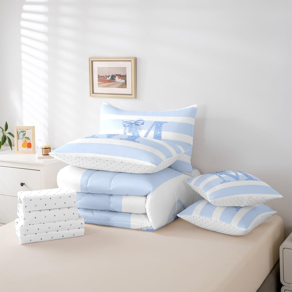 Blue Bow Sheet Set With Comforter Queen Size Initial Letter M Girls 7 Piece Bedding Set Glitter Bowknot Comforter Sets Personalized Monogram Stripes Bed In A Bag For Kids Teens Adult Bedroom