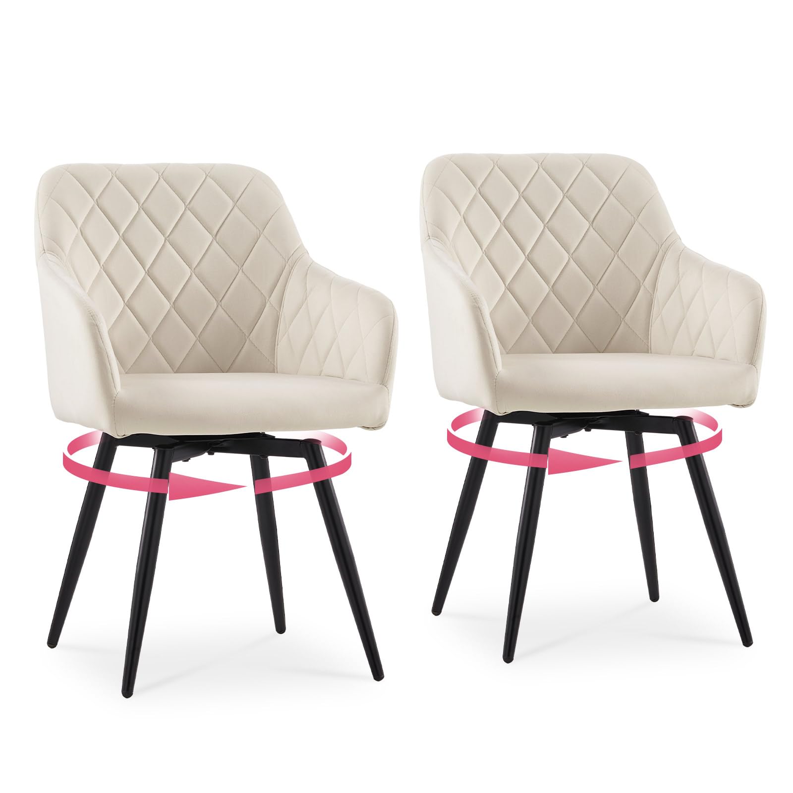 CLIPOP Dining Room Chairs 360 Swivel Seat with Arms Velvet Upholstered Kitchen Chair Set of 2 Metal Legs Armchairs for Living Room Bedroom Office (velvet-cream, set of 2)