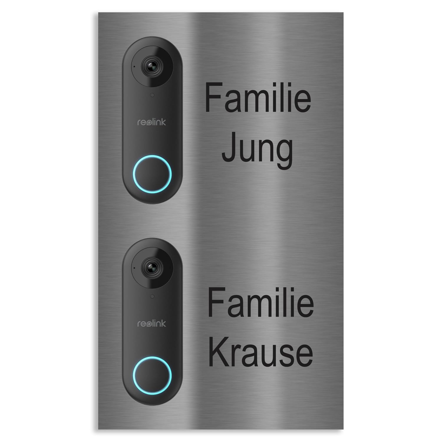 Jung Edelstahl Design Türschild für Reolink Türklingel Doppel 200x340mm – V2A Edelstahl 1,5mm, 2 Familienhaus, personalisierbar (Lasergravur/UV-Druck) (V2A Edelstahl)