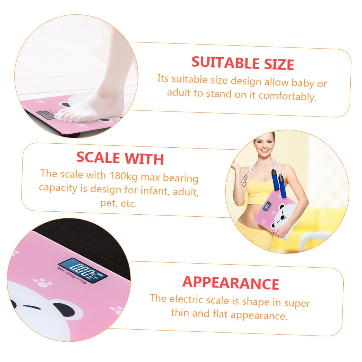 VICASKY Bilancia Precisione Fino a 180kg Digitale Ragazzo Ragazza Vetro Temperato Schermo Lcd Grande e Design Classico Rosa Adatto per Ragazzo Ragazza e Animali Domestici