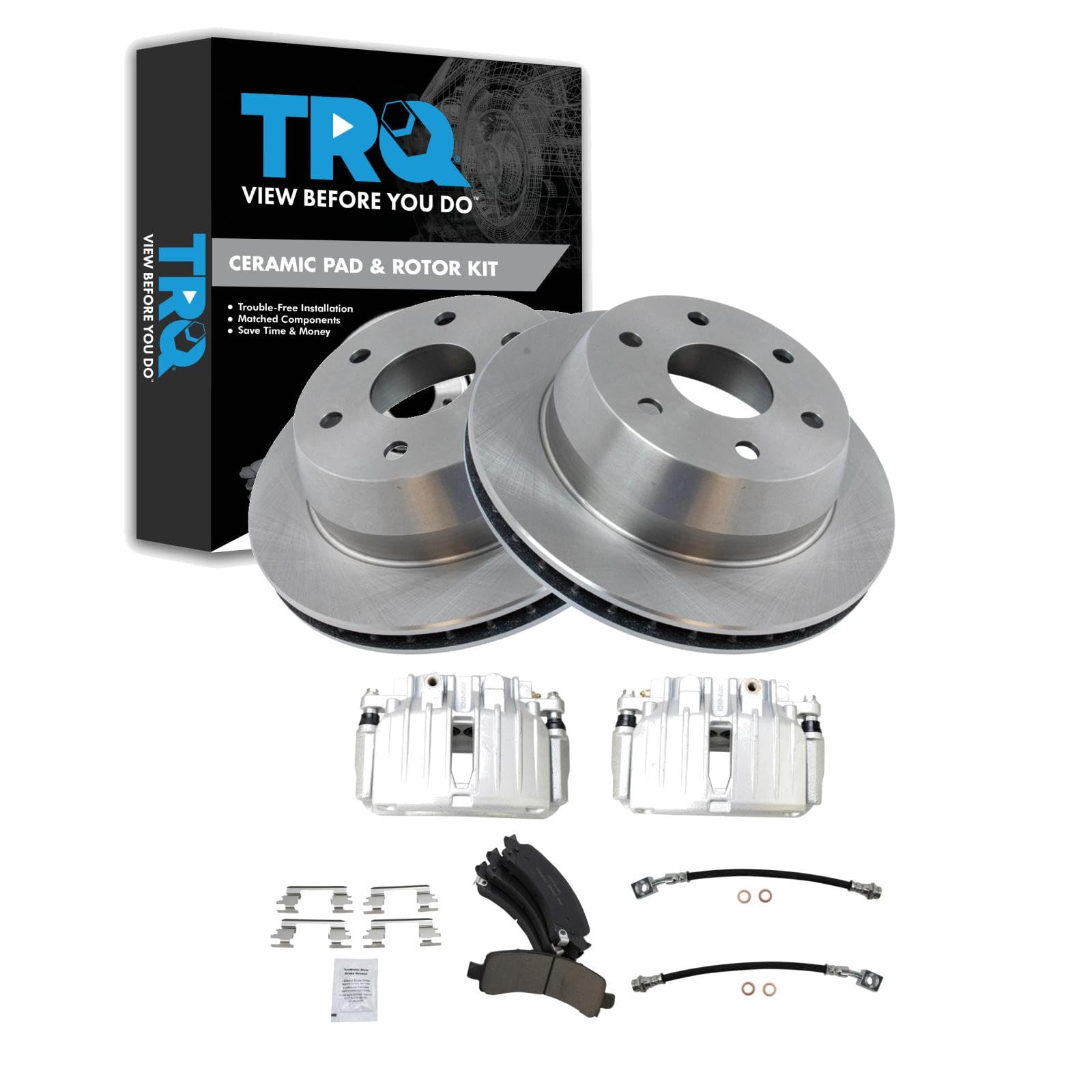 TRQ Rear Brake Pad and Rotor Set Ceramic Rotors Calipers Compatible with 2002 Chevrolet Avalanche 1500 Suburban 1500 Tahoe GMC Yukon Yukon XL 1500