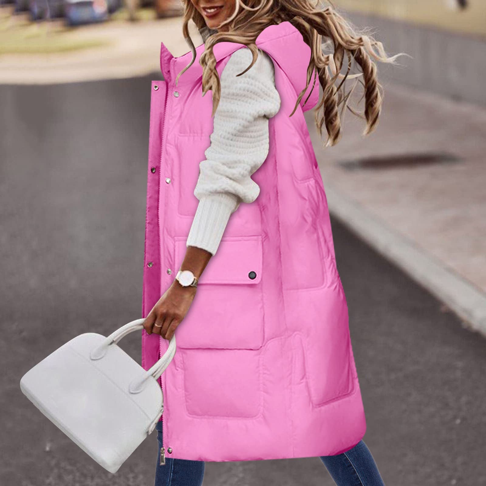 Generisch Gilet trapuntato da donna lungo con cappuccio – gilet invernale da donna caldo senza maniche gilet in piuma ispessito cappotto invernale soffice piumino con cerniera gilet elegante gilet