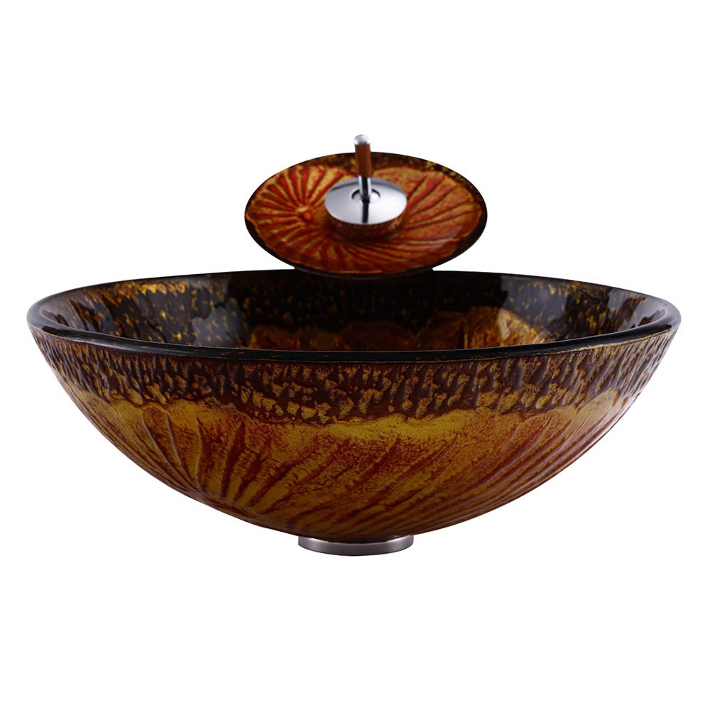 HM HomeMieco Clear Bathroom Sink Hand Painting Gold Fish Tempered Glass Vessel Sink Basin With Waterfall Faucet And Drain Combo,16"Round Glass Bowl - View #4