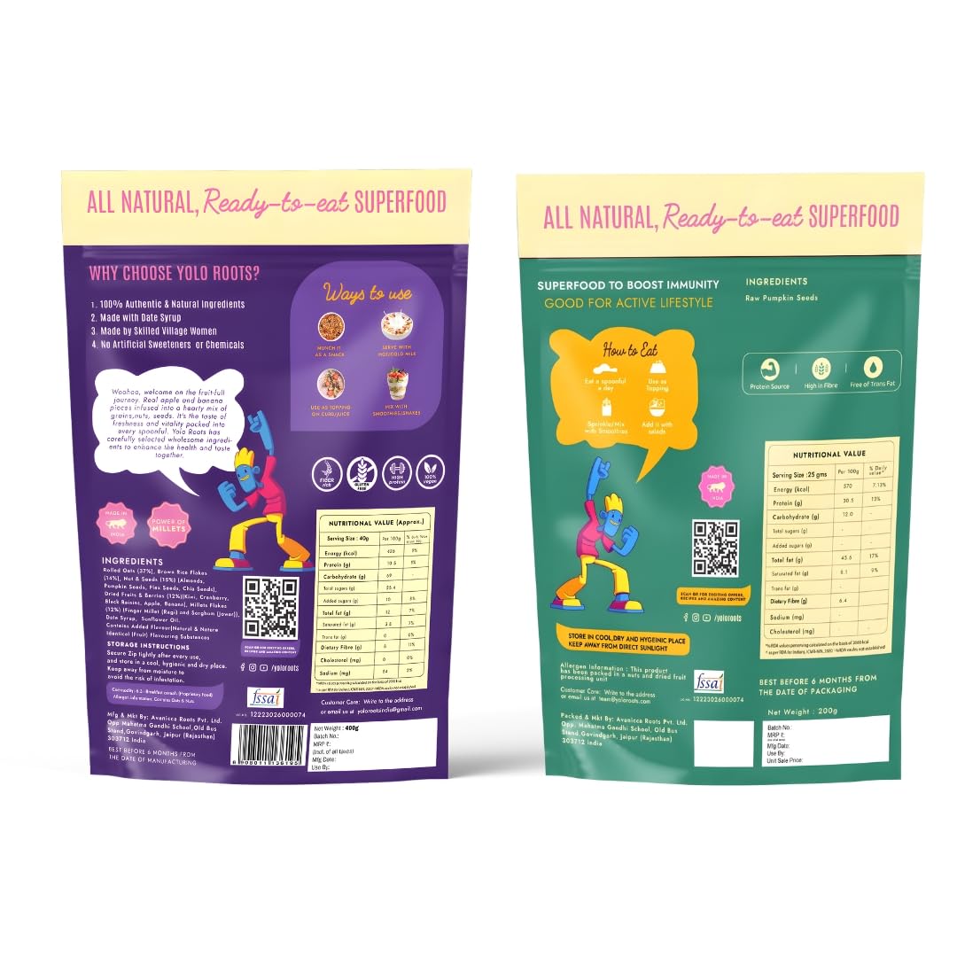 Yolo Roots Fruits & Nuts Muesli 400g & Raw Pumpkin Seeds 200g Combo, No Added Sugar, High Fiber Breakfast Cereal & Protein Rich Superfood Seeds, Healthy Snack with Oats (Pack of 2)