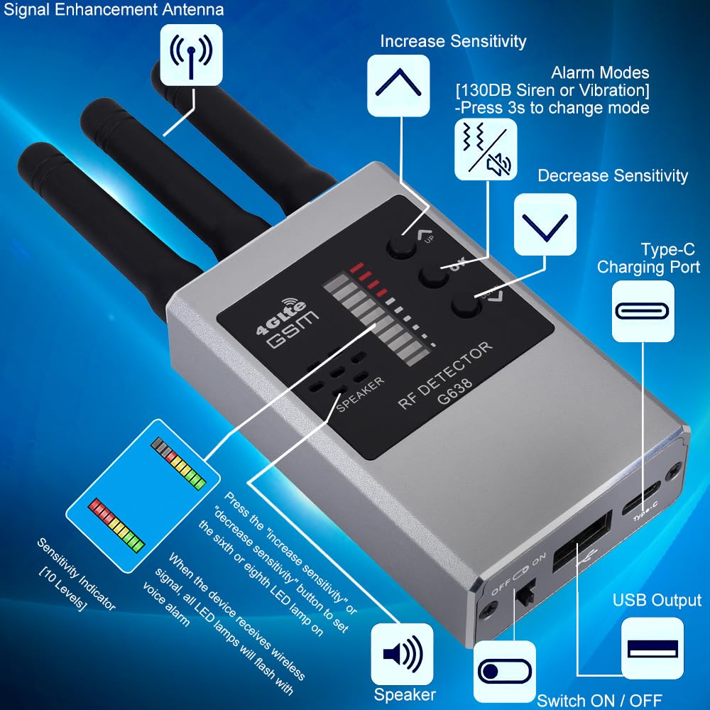 Détecteurs de caméras Anti-Espion, détecteur de bogues et détecteur d'espionnage caché, détecteur Anti-traqueur pour bogues, Appareil d'écoute pour caméra cachée/caméra Espion G638W