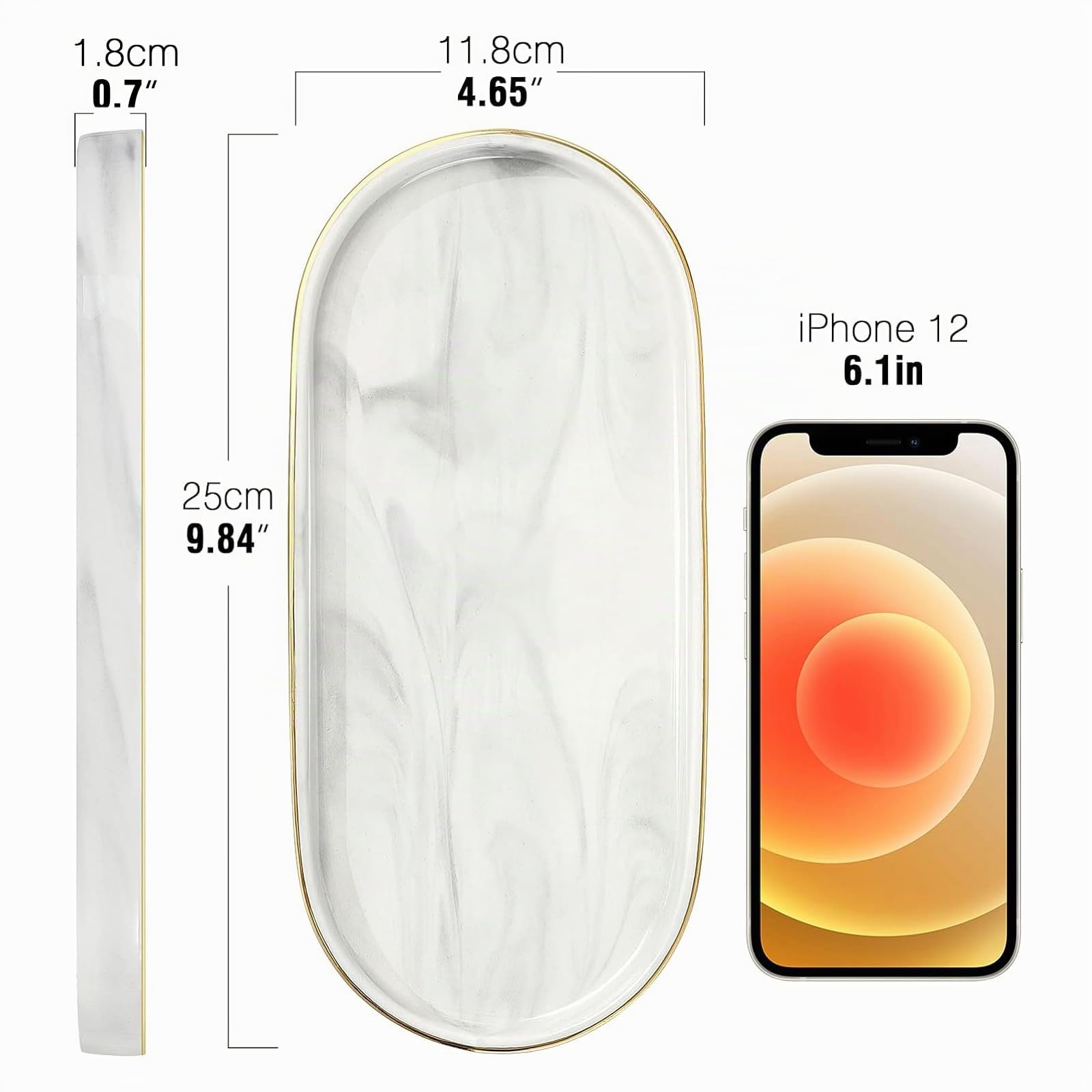 Luxspire Plateau Ovale en Céramique, Plateau de Rangement avec Bords Dorés pour Toilette, Organisateur de Salle de Bain Mutifonctionnel pour Ranger Savon, Serviette, Cosmétique, Bijoux - Blanc Marbré