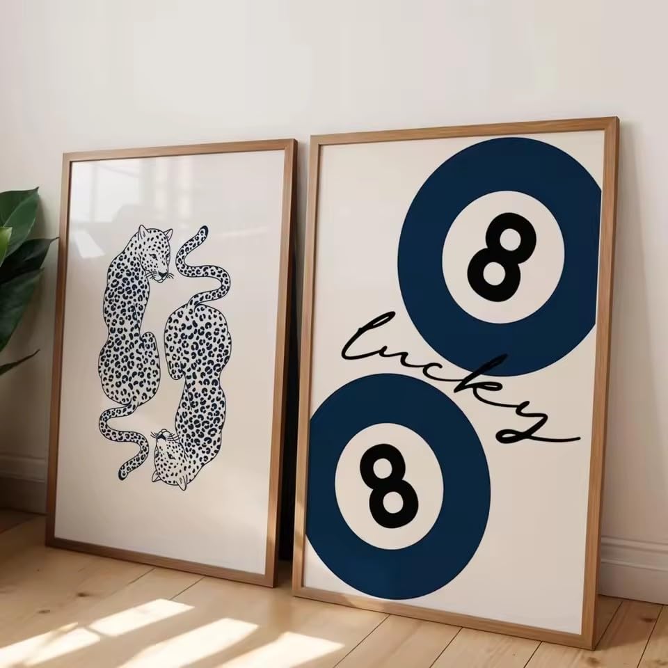 KEMEIQI Poster con stampa astratta su tela Retro Navy 8 Ball Blue Cheetah - Arte animale moderna e funky chic per la decorazione della camera da letto (80 * 120X2CM/cornice)
