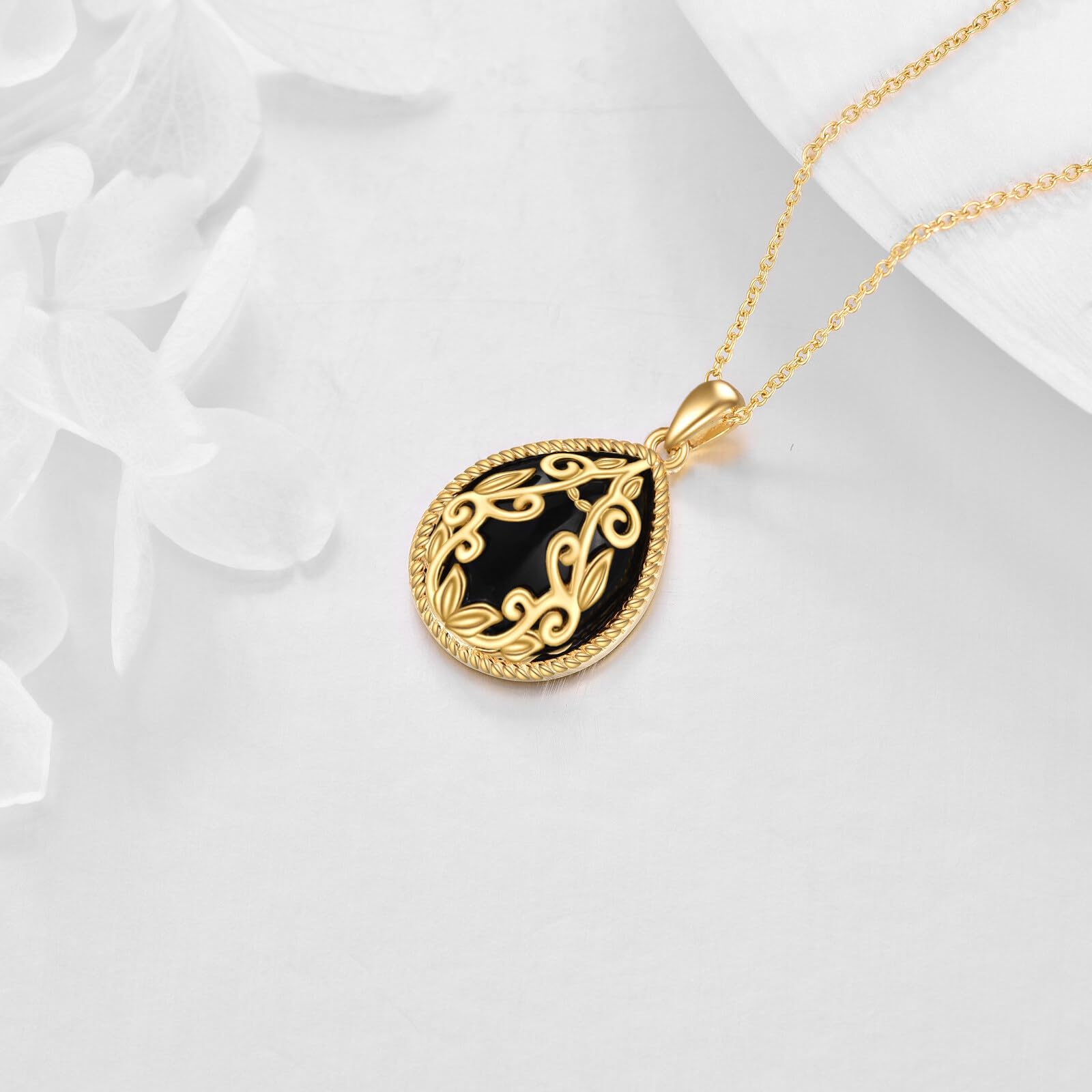 YAFEINI Schwarze Onyx Kette Sterling Silber Tropfen Anhänger Halskette 18 Karat Gelbgold Vergoldet Filigrane Boho Kette Halskette Schmuck Geschenke für Damen