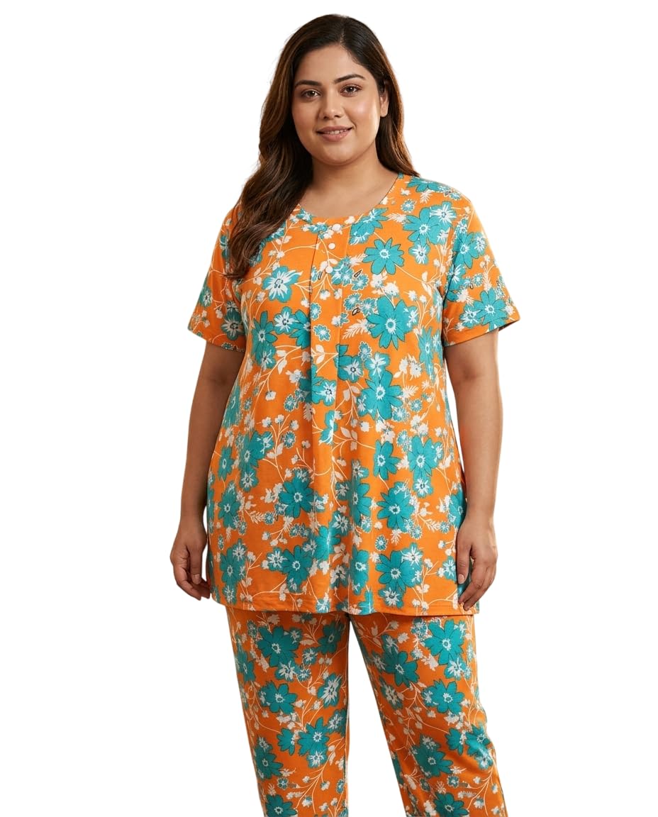 Plus Size Long Length Nightwear for Women | Summer Comfortable Cotton Blend Fabric | Soft Breathable Ladies Night Dress | Floral Print Relaxed Fit Sleepwear Lounge Wear-image-43