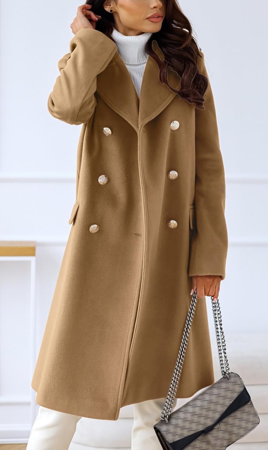 Abrigo Largo de Lana con Doble Botonadura y Solapa de Invierno para Mujer