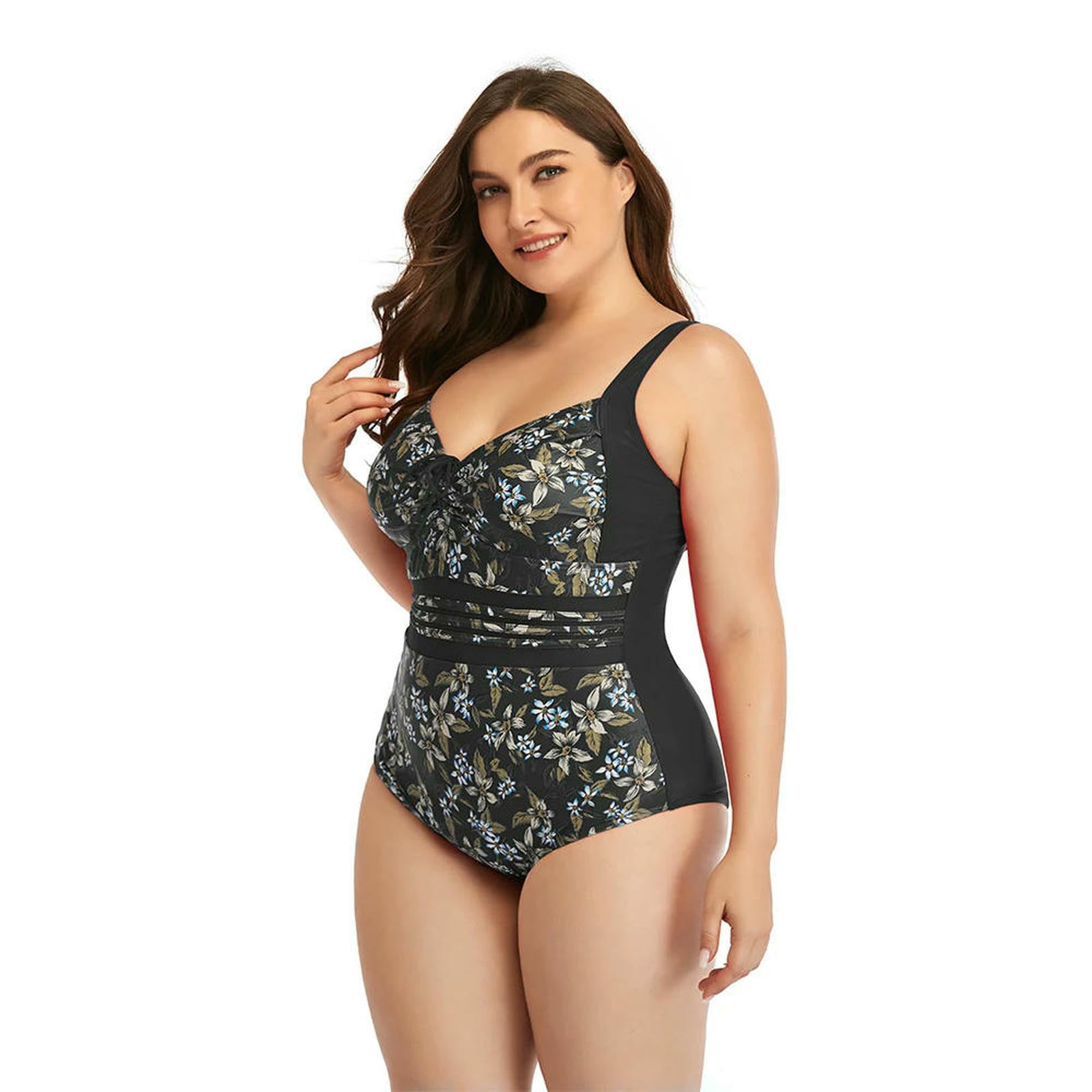 Traje de baño Talla Grande for Mujer en Mezcla Poliamida | Negro Floral Múltiples tamaños for la playa: control y soporte de la barriga