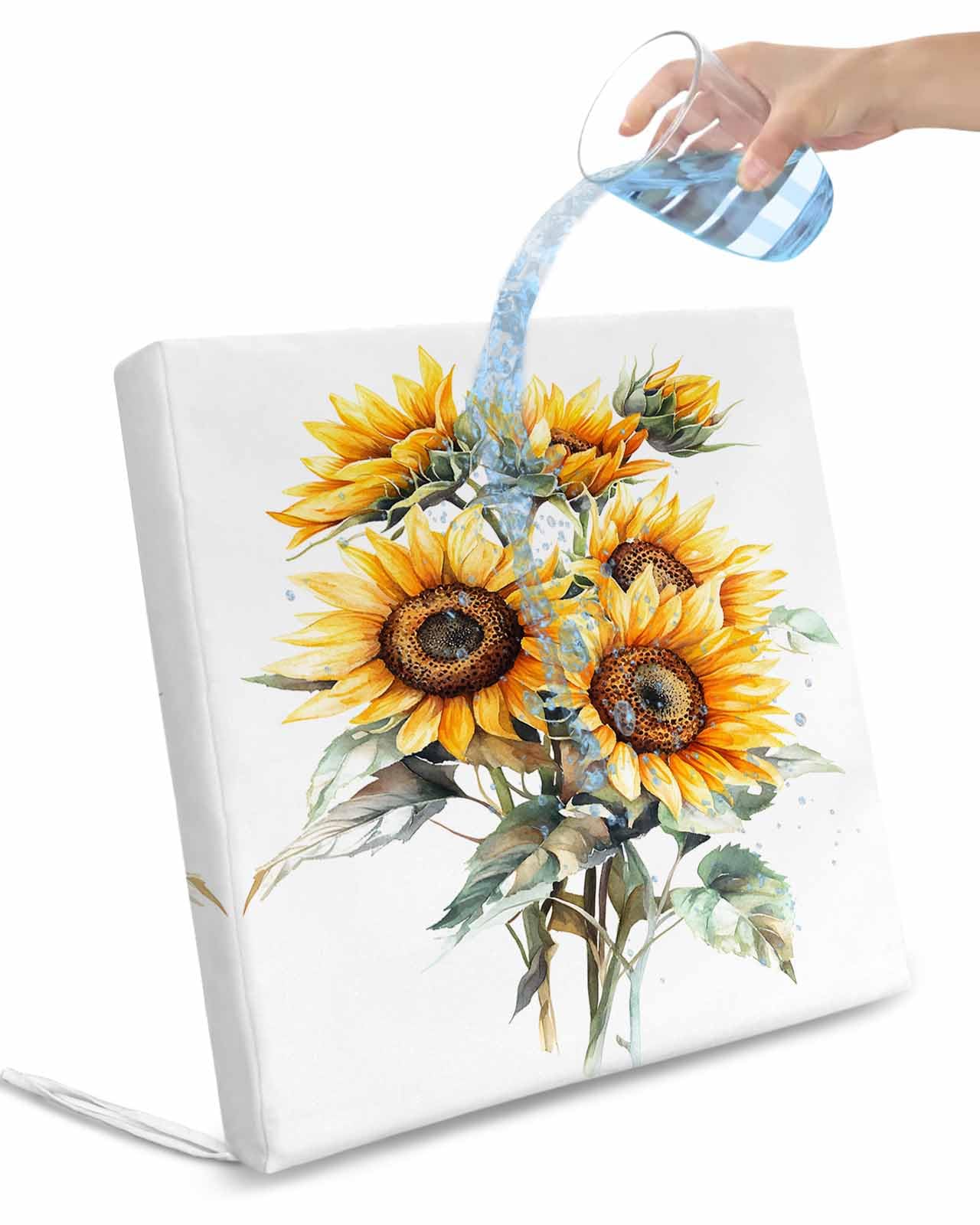 2 Pack Sunflower Waterproof Cushion Covers with Ties, Outdoor Patio Chaise Lounge Chair Seat Cushion Slip Covers Replacement(Only Cover) Wildflower Garden Floral Watercolor Yellow 24