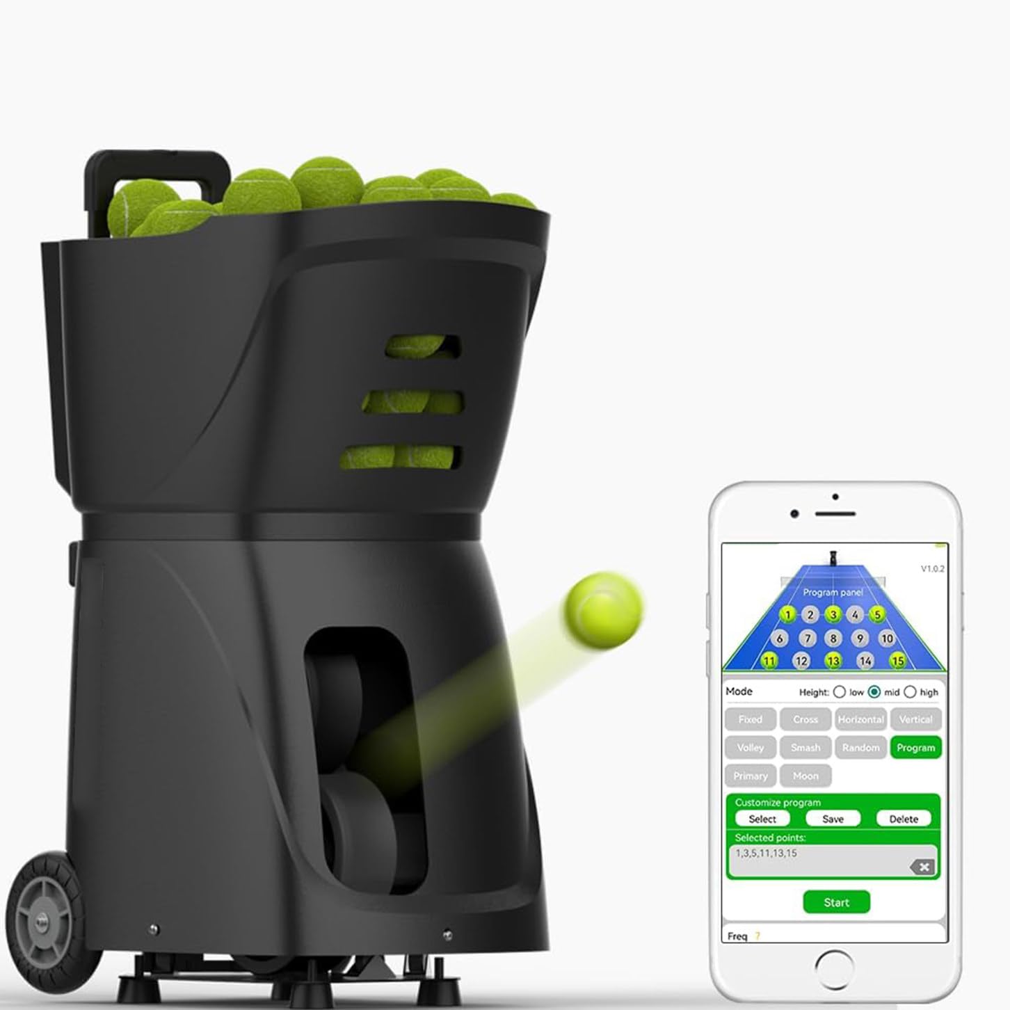 Lanciatore automatico di palline da tennis con diverse modalità di allenamento per la pratica professionale