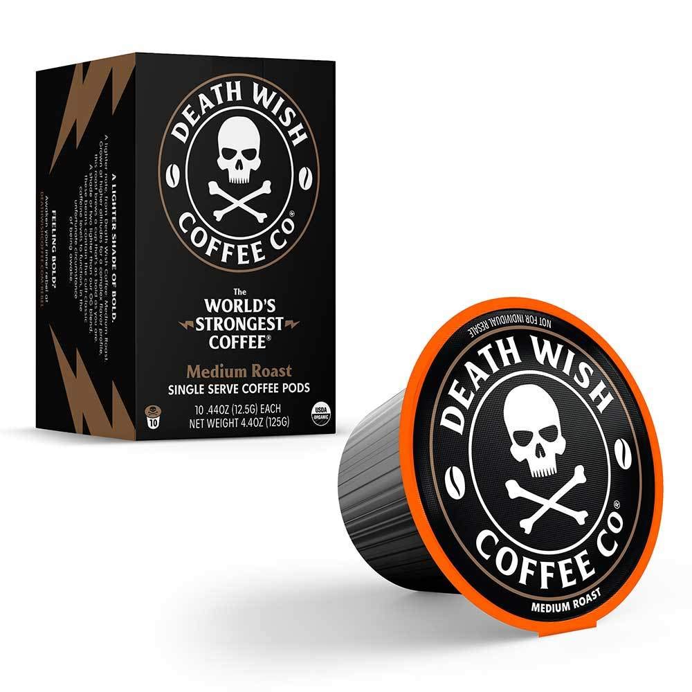 Death Wish Coffee Medium Roast Single Serve Pods - The World's Strongest Coffee - Lighter Blend of Bold Arabica & Robusta Beans - USDA Organic 2X Caffeine of Regular Cups for a Day Lift (10 Count) - 