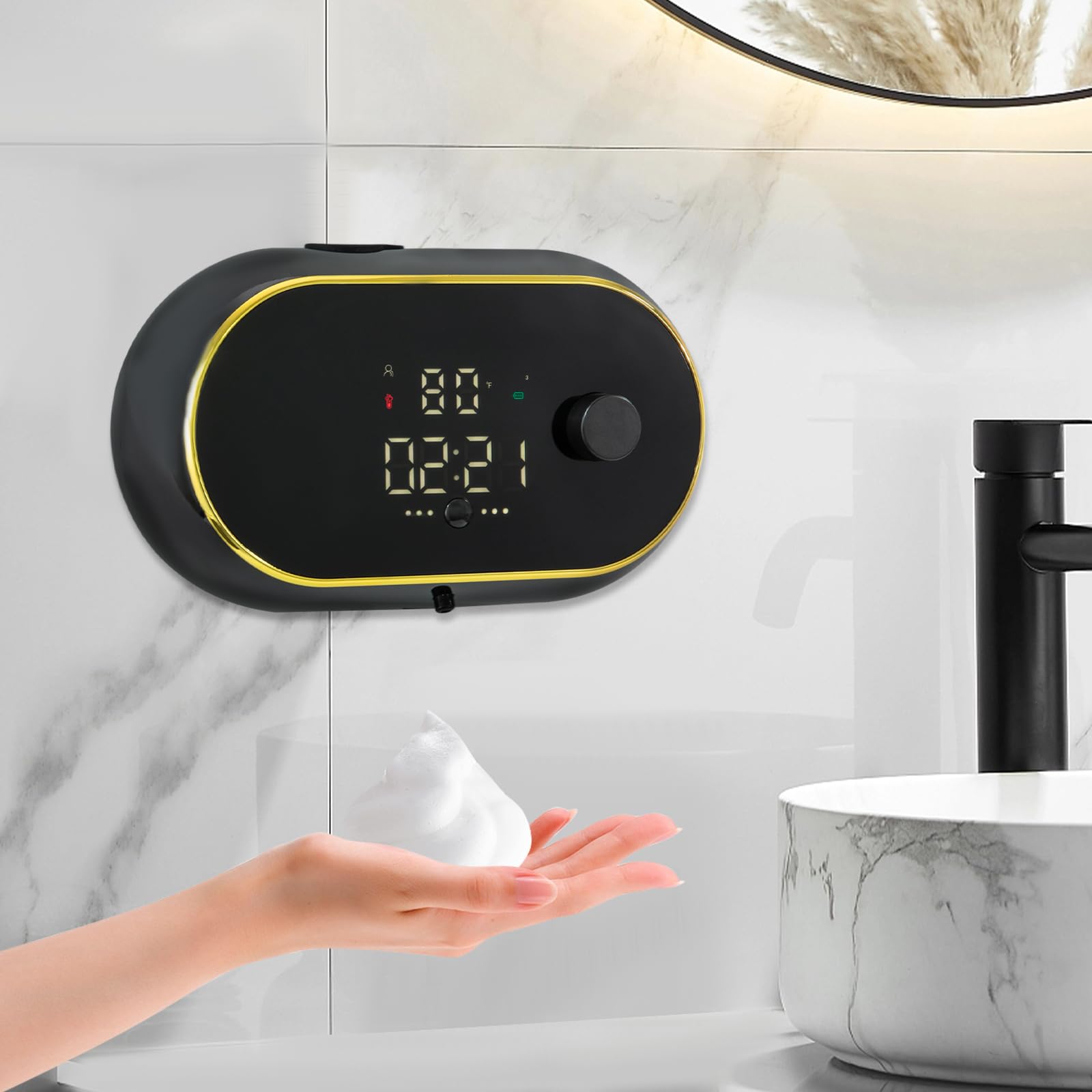 Distributore automatico di sapone in schiuma 450 ml USB C ricaricabile con display LCD Temperatura ora 3 livelli regolabile IPX5 impermeabile a parete sensore senza contatto