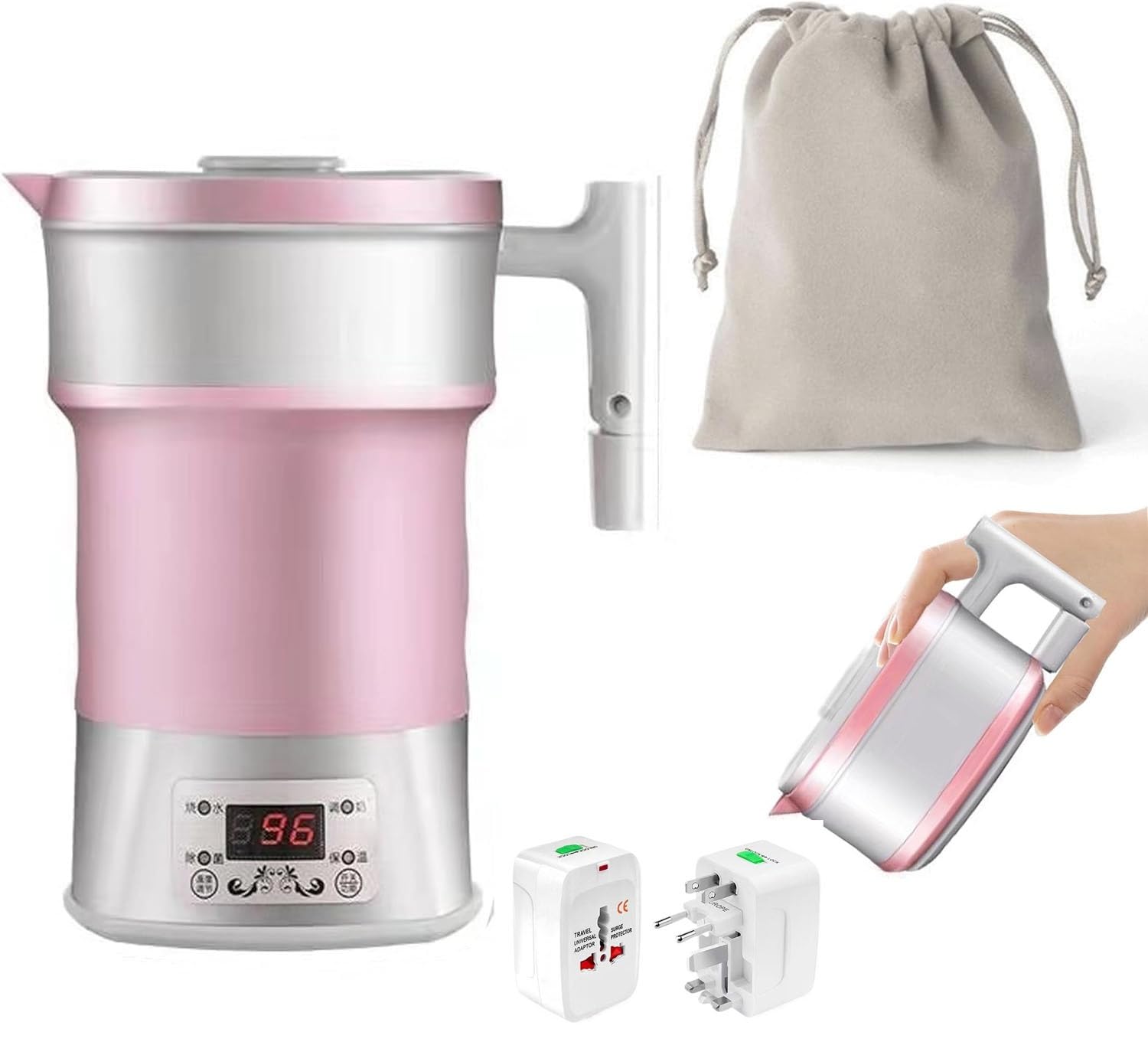 Bouilloire électrique pliable miniature, 800 ml, idéale for le camping, les voyages, la randonnée et activités de plein air. En silicone, sans BPA(Pink)