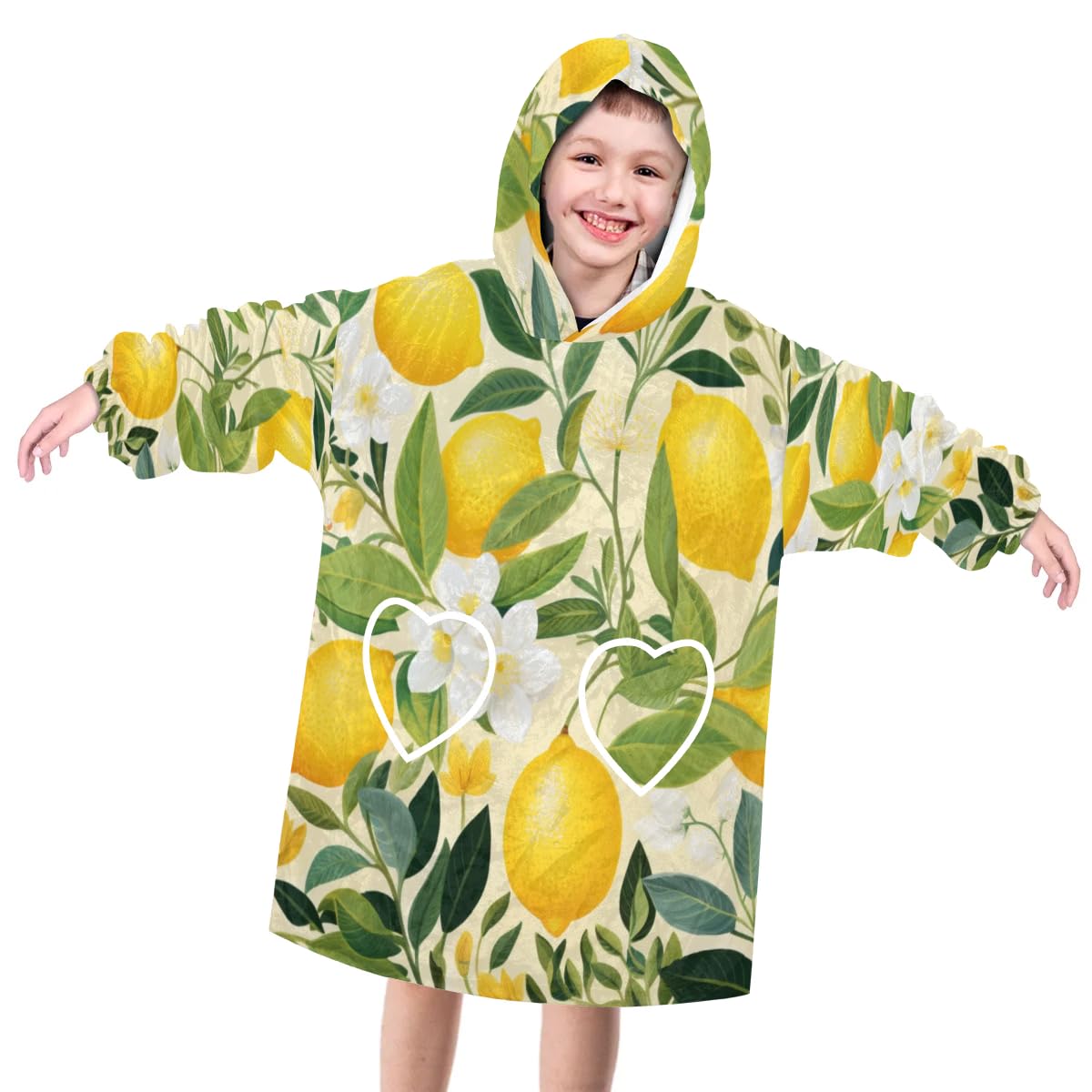 Pardick Wearable Blanket Hoodie for Kids, Lemon Flowers Fleece Sweatshirt Blanket Oversized Blanket Sweatshirt with Pocket Flannel Warm Hooded Blanket 6-10 Year Old Girl Boy Gift, One Size