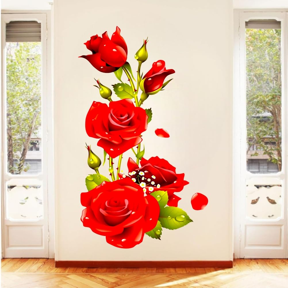 Techgifti Red Rose Flower Wall Sticker for Home Decor | Floral Wall Decal | Self-Adhesive PVC Vinyl Wall Sticker for Living Room, Bedroom, Hallway & Office (Size - 64 x 41 cm)